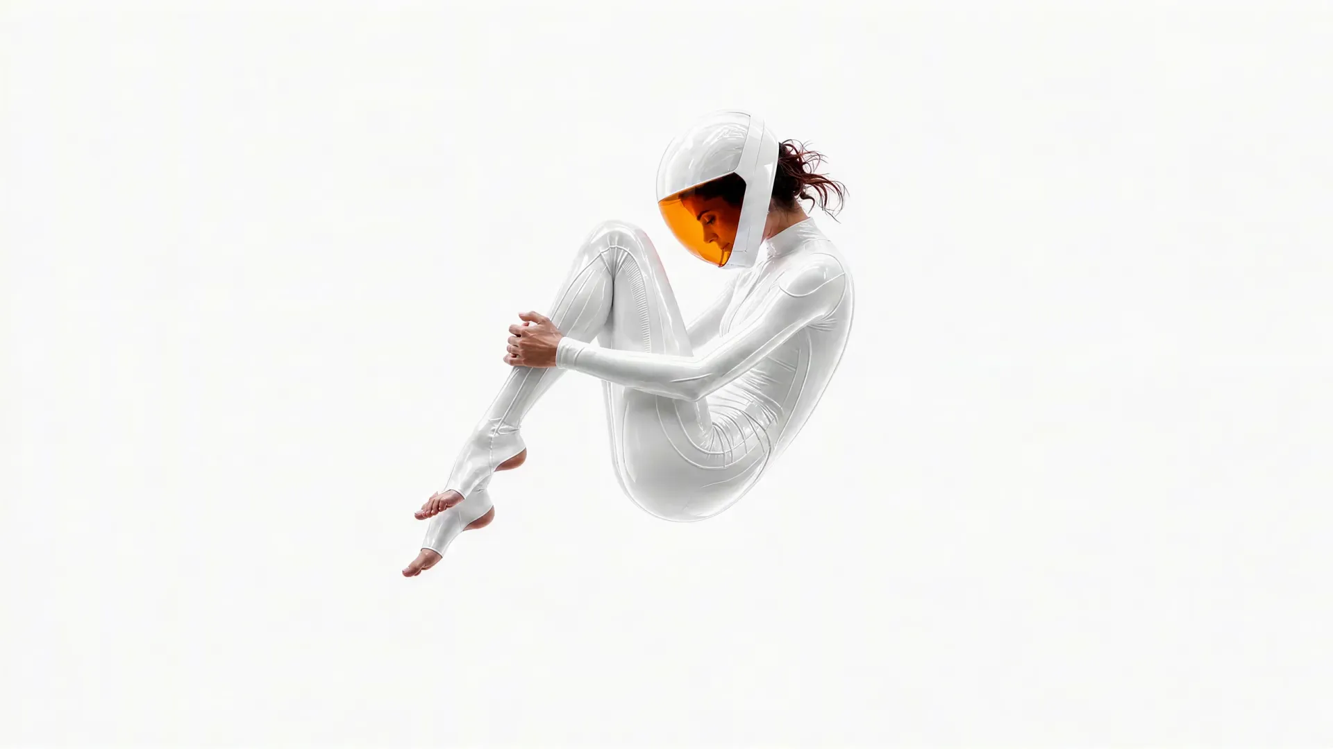 Dancer wearing a white futuristic suit and helmet with an orange visor, floating in a white studio
